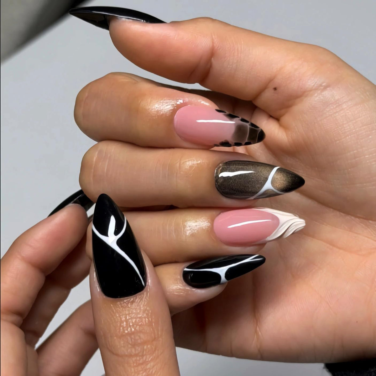 BABALAL Press On Nails - Medium Almond Fake Nails, Pink White Gradient, Rhinestone Gold Bangle, Glossy Coquette Wedding Bridal Glue On Nails 24Pcs