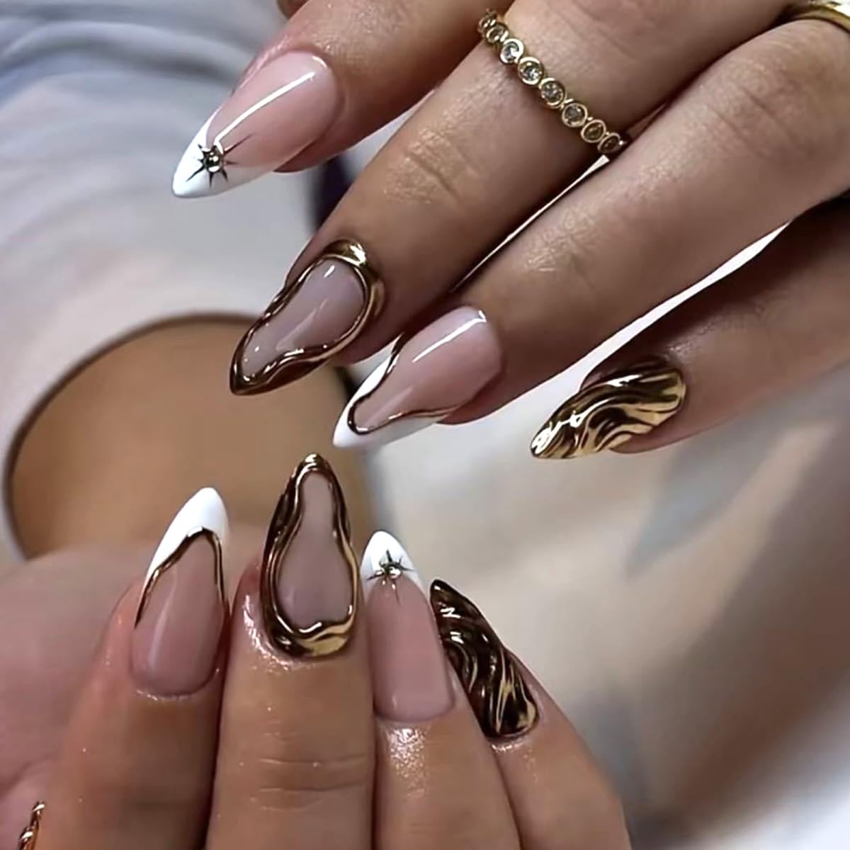 Medium Almond Press on Nails - White French Tip with 3D Flower Rhinestones
