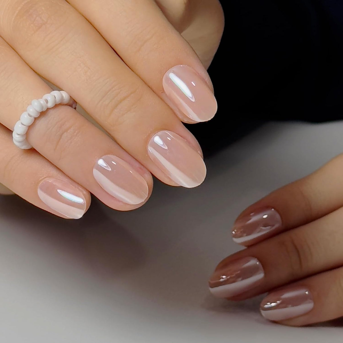 CurvLife Short Oval Chrome Nude Press On Nails, Champagne Pearl, Soft Gel