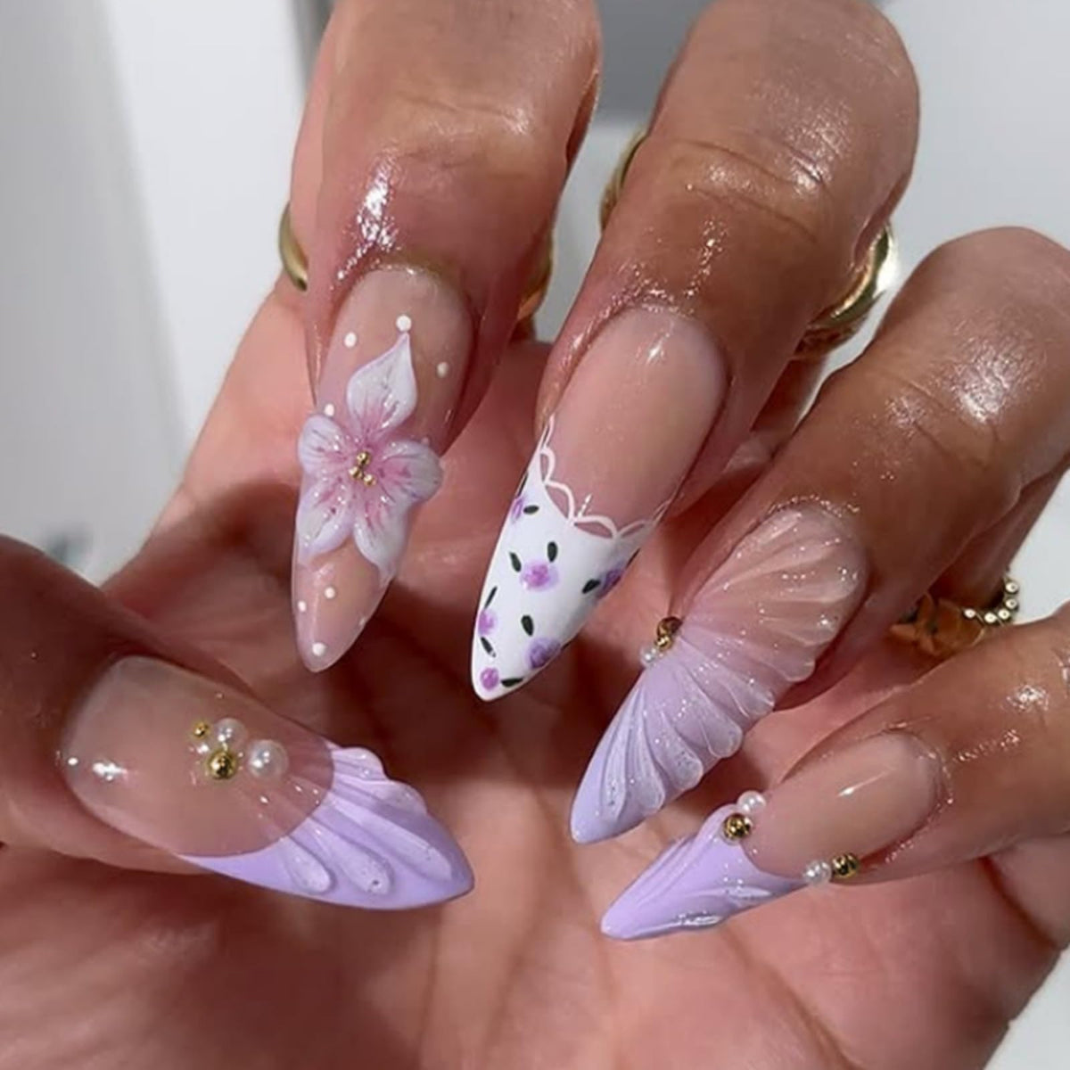 3D Gold Press on Nails Long Stiletto Fake Nails Glossy Nude Blue Full Cover