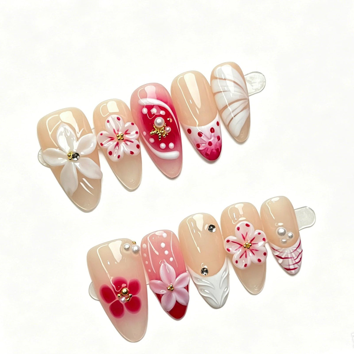 Handmade Press On Nails – Short Almond False Nails for Women, Reusable Acrylic White French Tip with Pearl & 3D Flowers Design – Salon Quality Fake Nails (10PCS Size S)