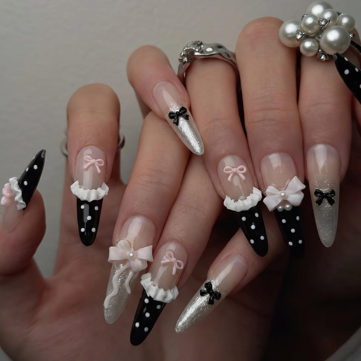 SINHOT Luxury Press on Nails - Long Coffin Fake Nails 3D Handmade Cute Pink Reusable False Nails with Rhinestone Designs,DIY Artificial Nail Art, 24pcs