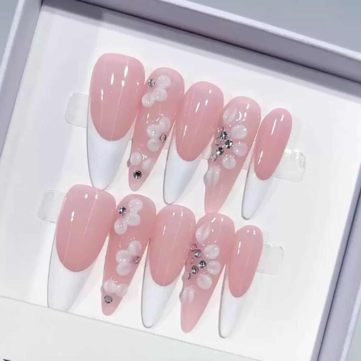 Long Stiletto Press On Nails, Handmade Nude White French False Nails with Gold Rhinestone Decor, Reusable Salon Grade Fake Nails Easy to Wear, 10Pcs M Size for Women