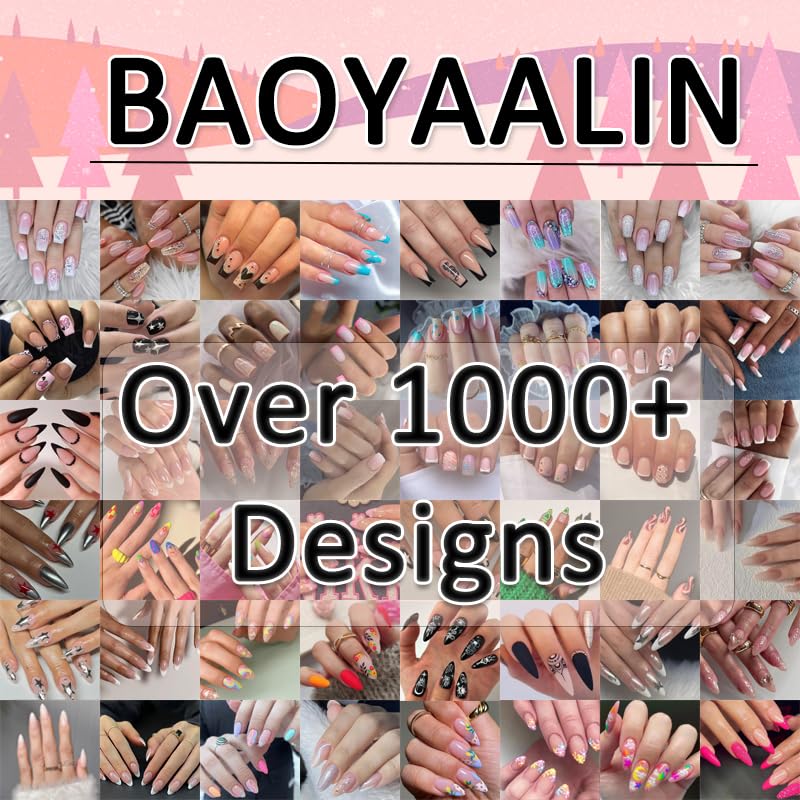 Ombre Pink White Press on Nails Long Square BAOYAALIN, Glitter Fake Nails with Rhinestones Design Gel Glue on Nails for Women Full Cover Acrylic Artificial False Stick on Nail for Wedding 24Pcs