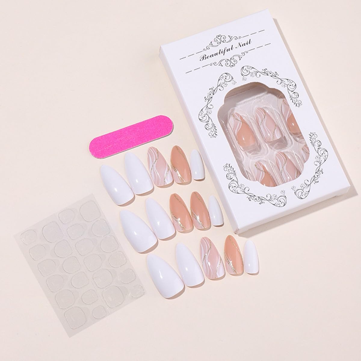 Almond Press on Nails Medium - Fall Fake Nails with Gold Line Design - White Full Cover Stick on False Nails - for Women 24 Pcs