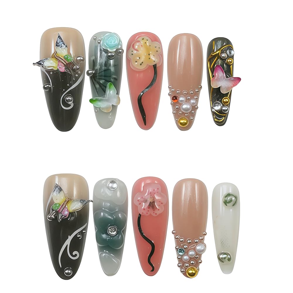 10pcs 3D Metallic Press on Nails Long Almond Handmade, Luxury Ornate Textured False Nails with Gold Silver Chrome Designs, Punk Style Studded Glue on Nails for Women, Gothic Avant-Garde Acrylic Nails