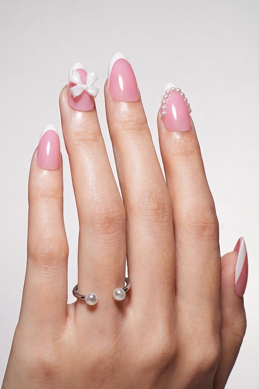AzureBeauty Short Almond French Tip Press On Nails, Glazed Donut, 32 Pcs