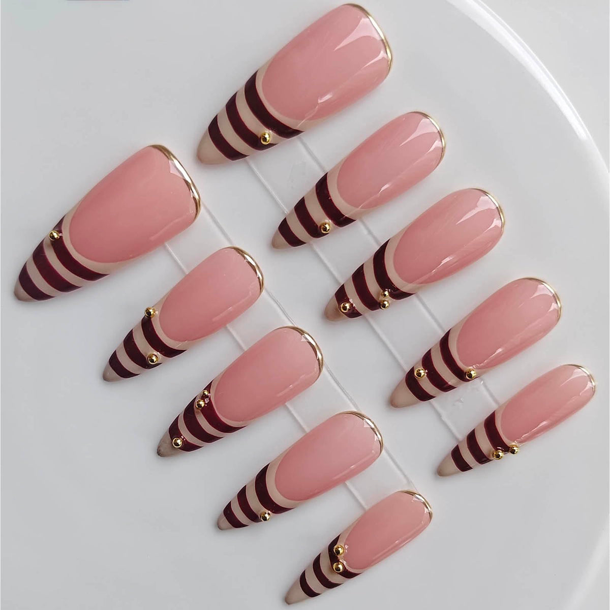 Handmade Press on Acrylic Nails, Almond Long Press Ons with Purple & Nude 3D Swirl Design, Rhinestone & Polka Dot Accents, Stiletto Glue on False Nails Y2K M Size -Gleamrain Design 801