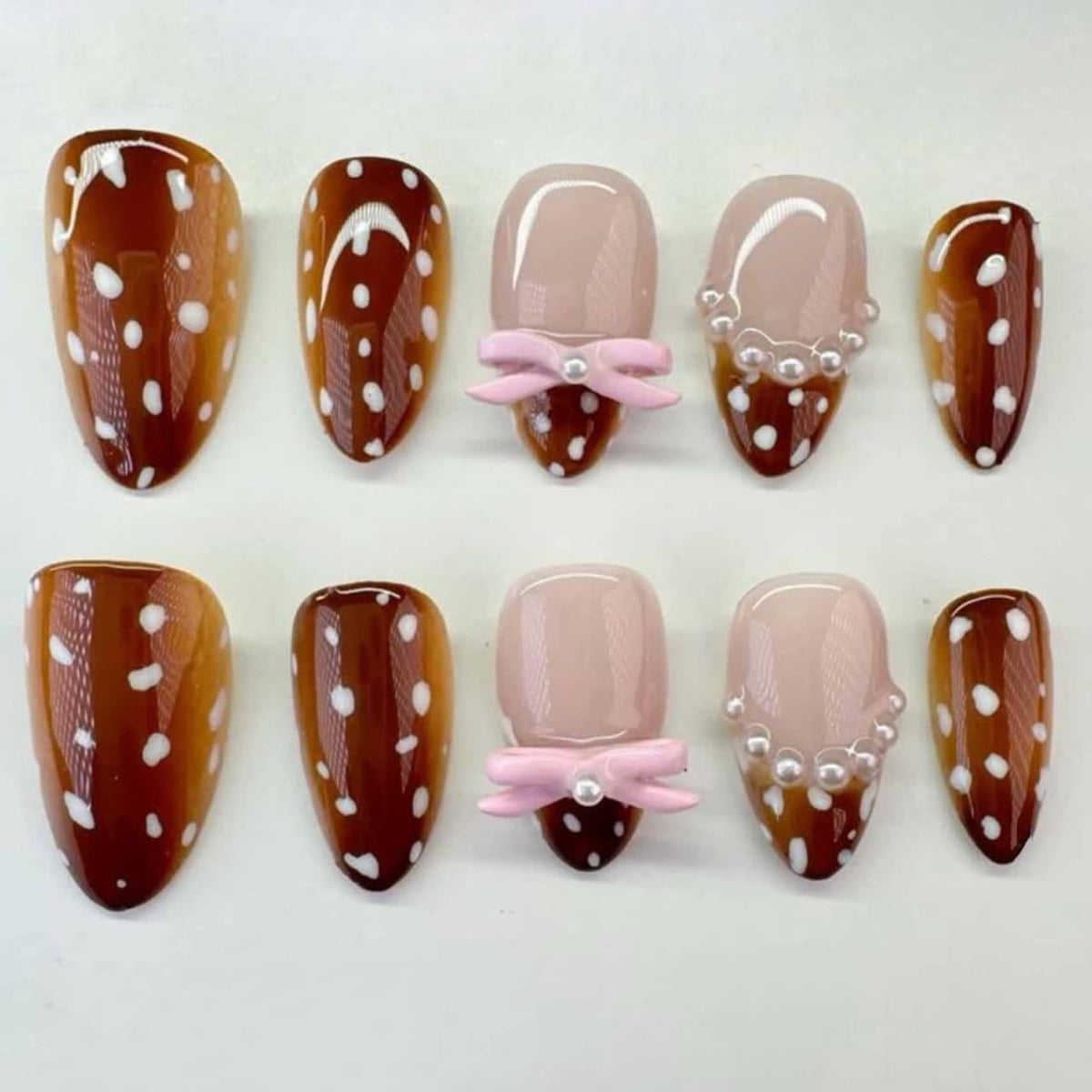 Green Press on Nails Medium Almond Fake Nails with 3D Pearl Rhinestones Designs Gold French Tips Flower Acrylic Nails False Nails White Floral Full Cover Glossy Stick on Nails for Women 24Pcs