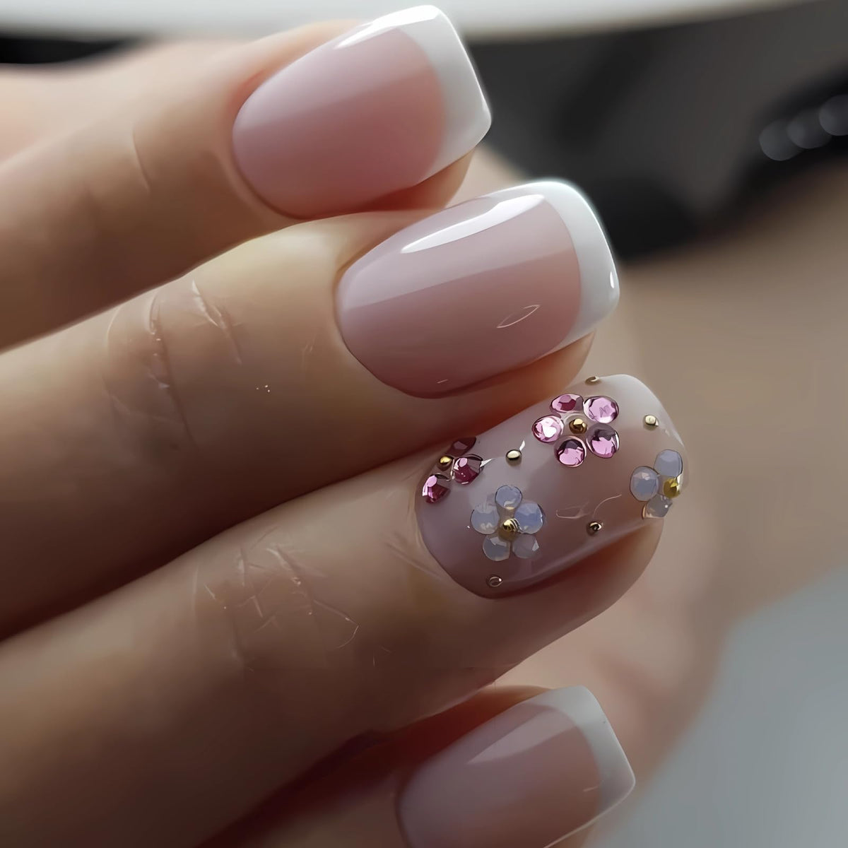 French Tip Press on Nails Glitter Petite Short Square Fake Nails Pink Nude Glossy Design Sparkly False Nails Glue on Nails with Full Cover Acrylic Stick for Women Girls Nail Decorations 24Pcs