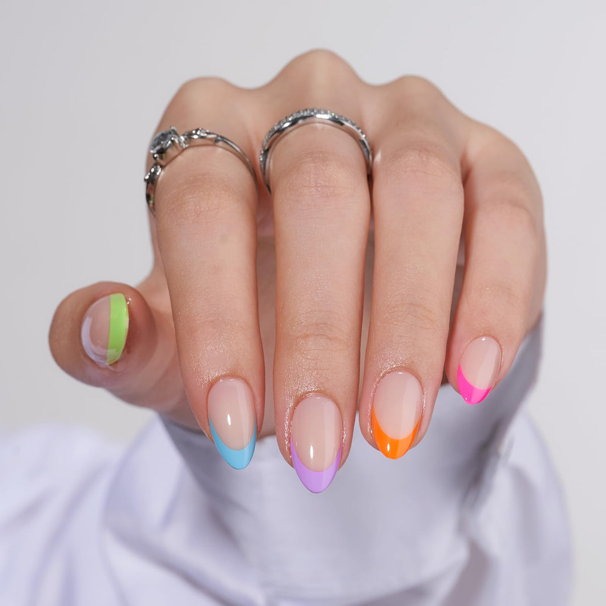 BTArtbox Press On Nails, Short Almond French Tip Nails, 32 Pcs Full Kit