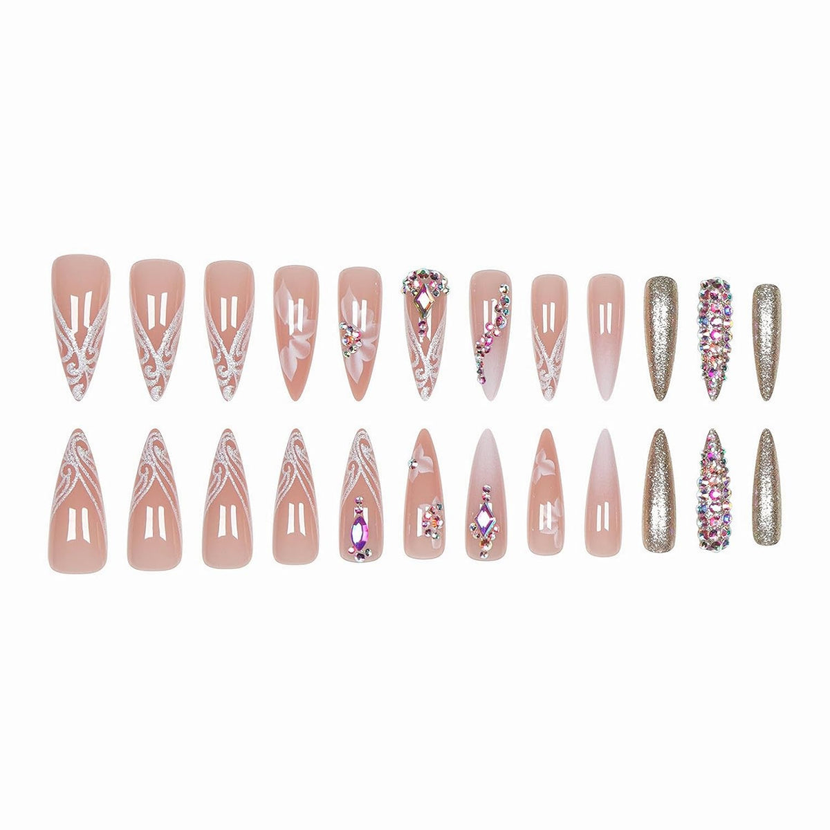 MISUD Press on Nails - Long Stiletto Fake Nails with Bling Glitter, Acrylic Luxury Rhinestone Design 24 pcs