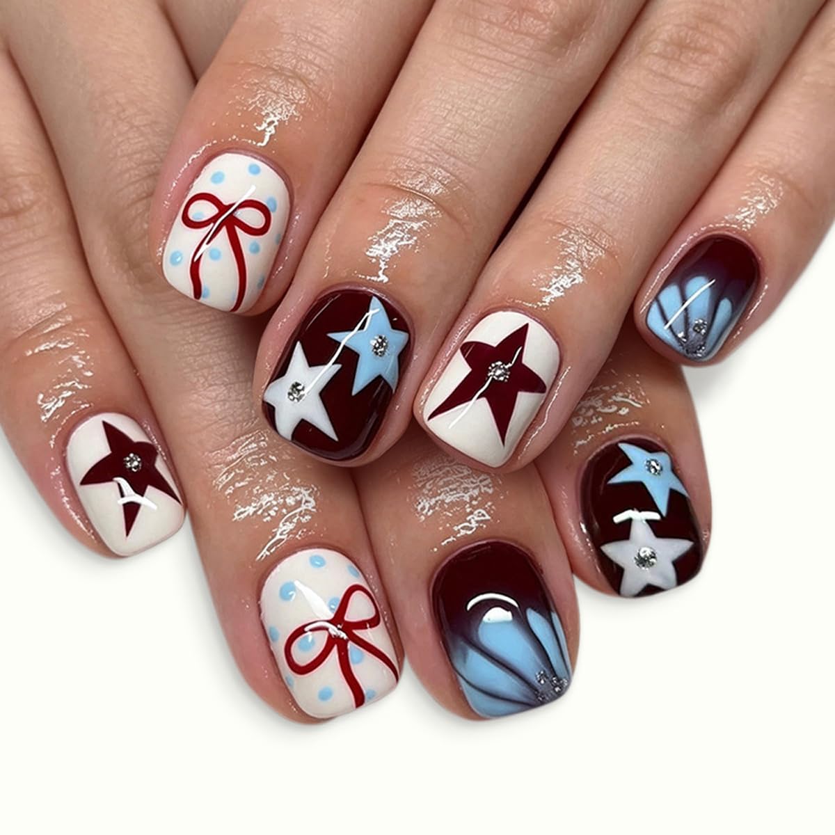Milky White Press on Nails Medium Square, Pearls Deco Design, 24Pcs
