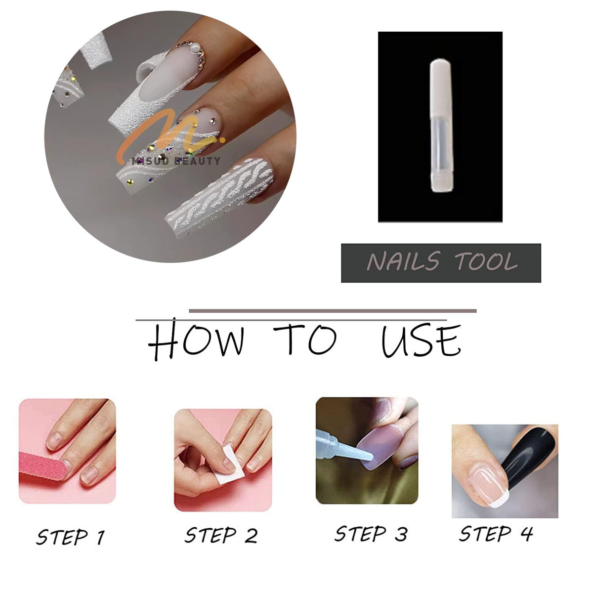 MISUD Press on Nails - Long Square Glue on Nails with White Bridal, Acrylic Wedding Bride Design 24 pcs
