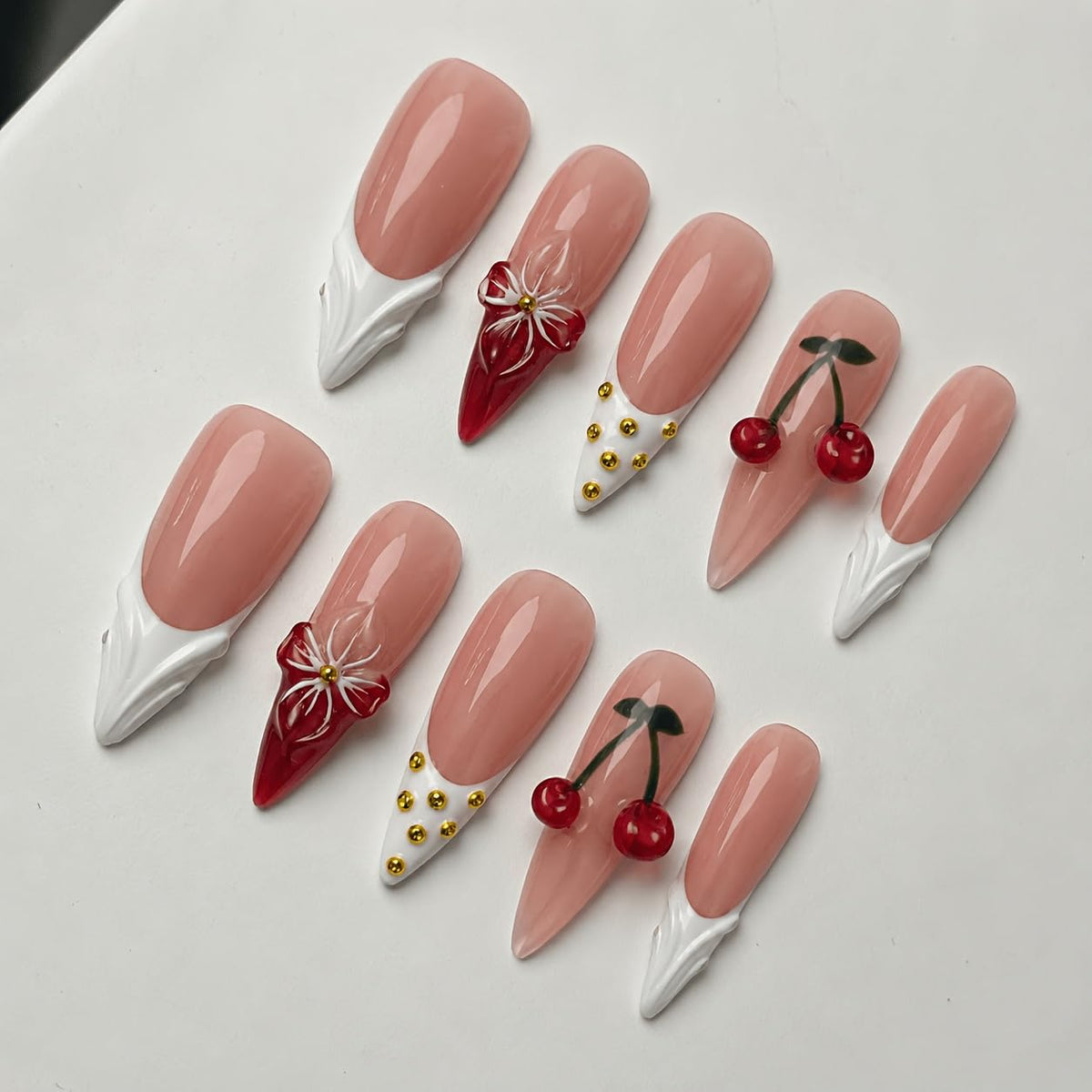 10 Pieces Luxury Acrylic Press On Nails Short Handmade Duck Nails, Pink Thickened False Nails, Rhinestone And 3D Red Lips, Reusable Fake Nails, Acrylic Nails (L)