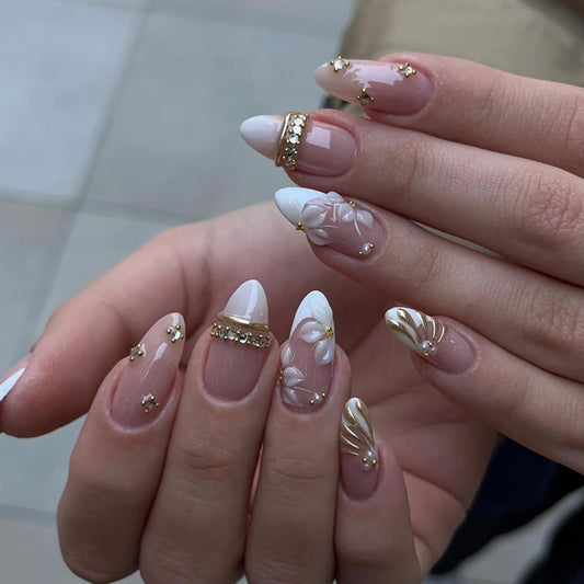Almond Press on Nails White Flower with Gold Rhinestone Wedding Fake Nails