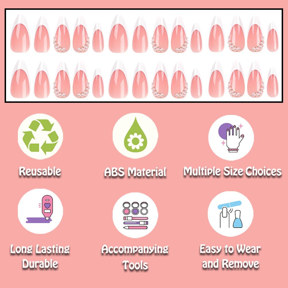 French Tip Press on Nails Almond White Short Medium Fake Nails with Pearl Design Gel fake nails for Wedding Birthday Acrylic stick on nail with Glue Manicure False Nails For Women 675PPD