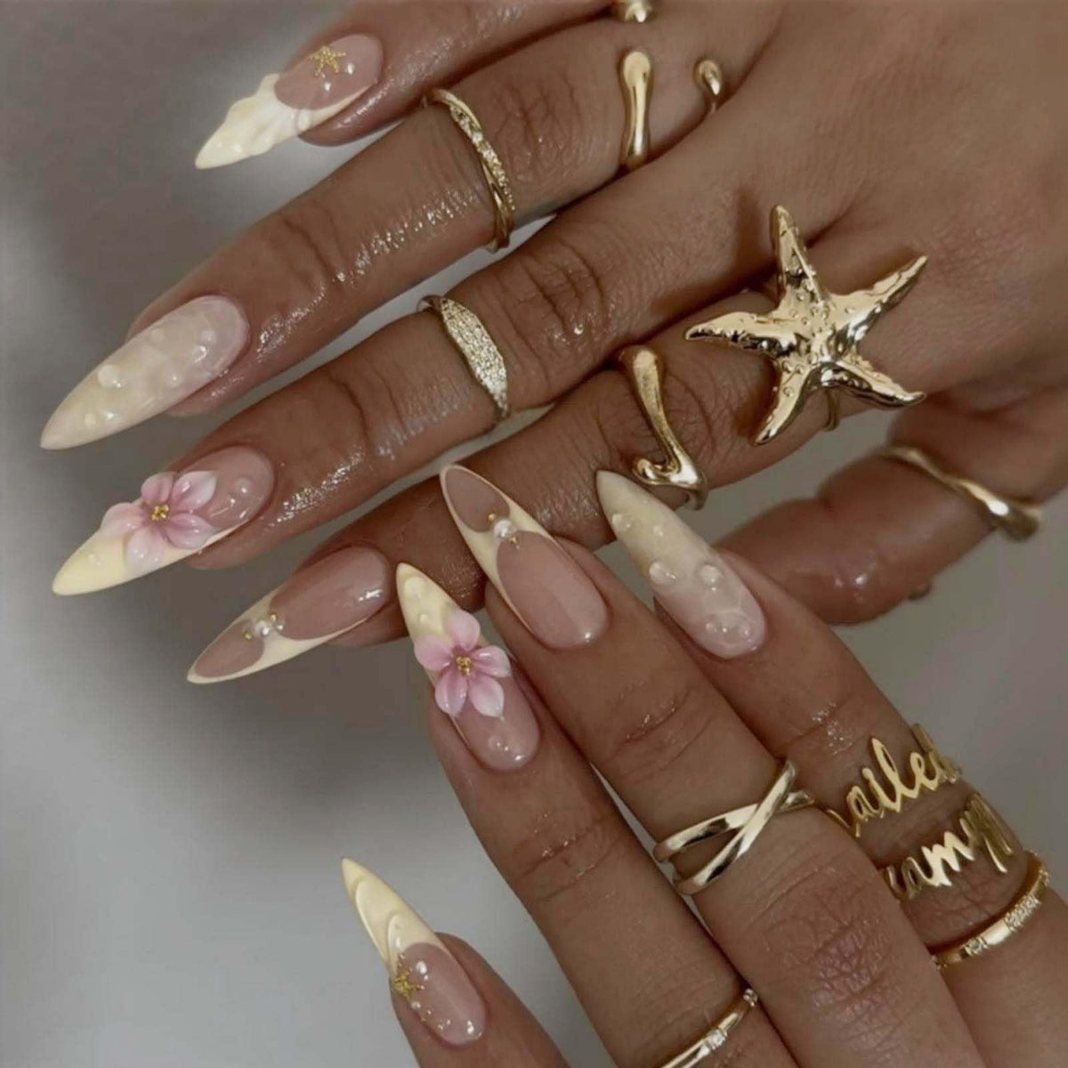 Almond Press on Nails Medium Fake Nails with 5D Metal Lines Charm Design Glossy Pink Nails Press on Curve Glue on Nails Reusable Luxury Silver Beads Acrylic Nail for Women 24Pcs