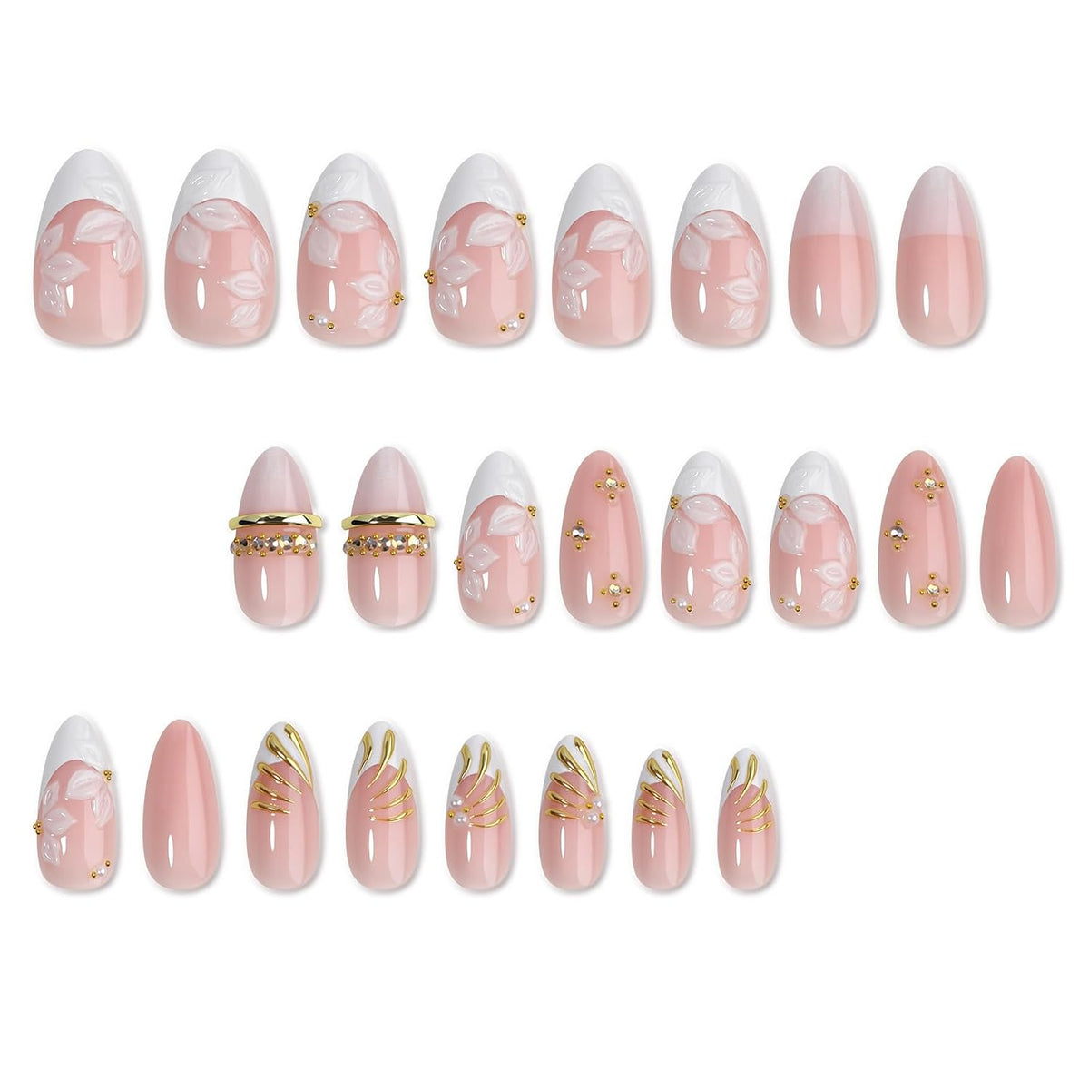 HOSAILY Medium Almond White French Tip Press on Nails 3D White Embossed Floral Designs Fake Nails Pearl Gold Glue on Nails Rhinestones Stick on Nails, 24PCS Bridal Luxury Nails for Women Daily Wedding