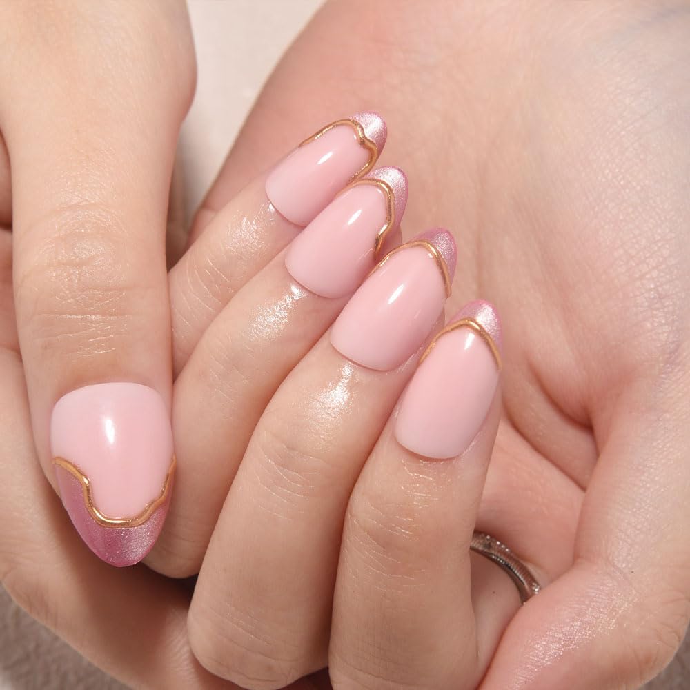 White French Tips Press on Nails, Irregular Gold 3D Lines with Flower & Pearl Design, Reusable Salon Quality Acrylic False Nails for Women, Glue On Nails with Adhesive Tabs for Daily Wear