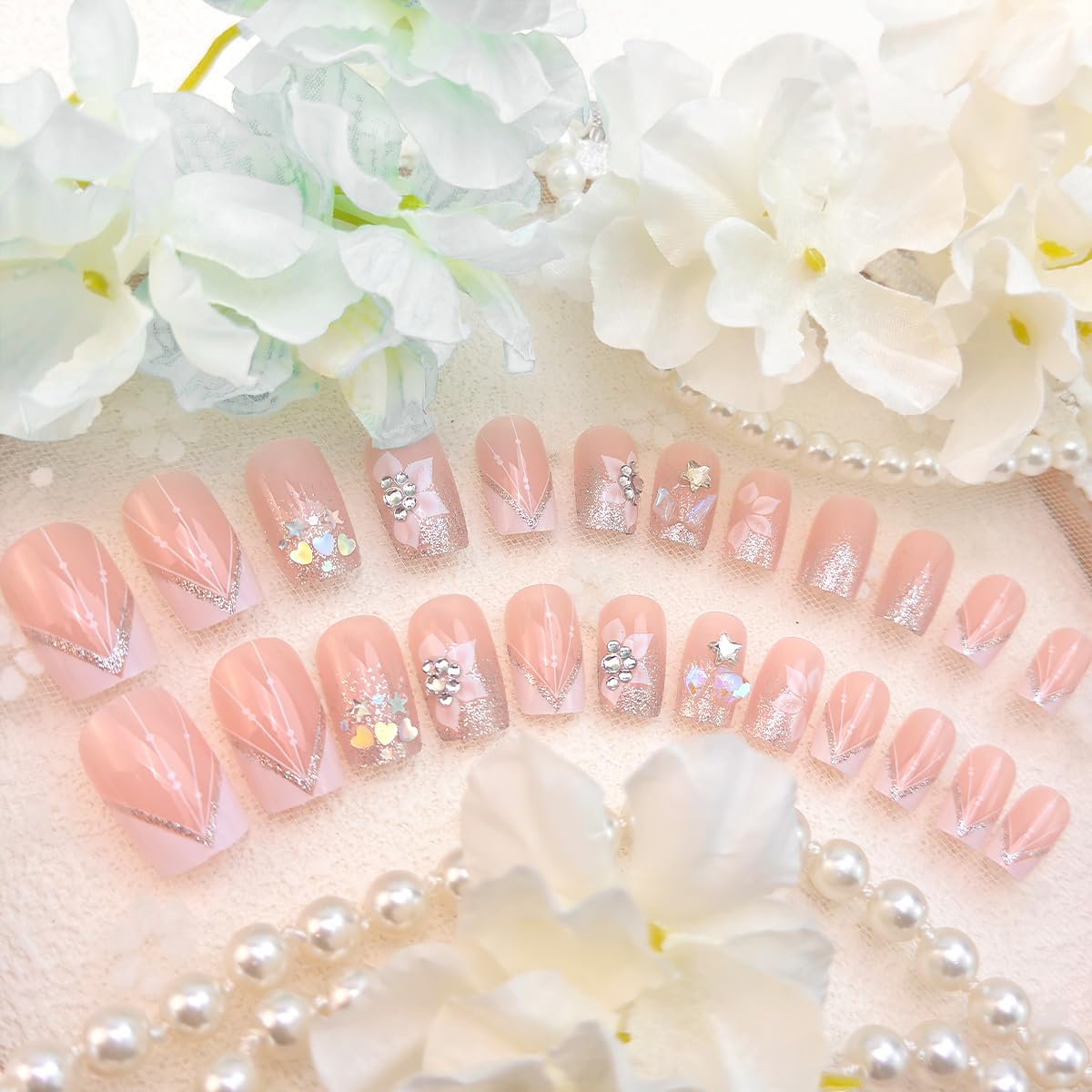 24pcs Short Square Press on Nails French Tip Fake Nails White Flower with Star Design Glitter False Nails Luxury Nail Charms Crafts White Stripes Glue on Nails for Women Manicure Tips