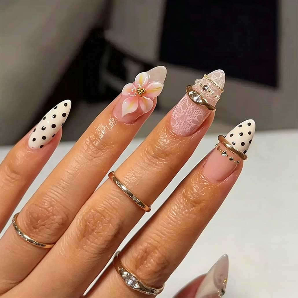 Foccna Press on Nails Almond Fake Nails with Gold Line Design Glue on Nails Acrylic Nails Glossy Full Cover Stick on Nails for Women 24Pcs