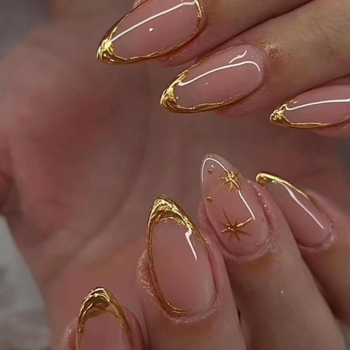 IMRAIN Medium Almond Silver Glitter French Tips False Nails with Rhinestone Designs - Glossy Full Cover Glue on Artificial Stiletto Nude Nails for Women Girls - 24 Pcs