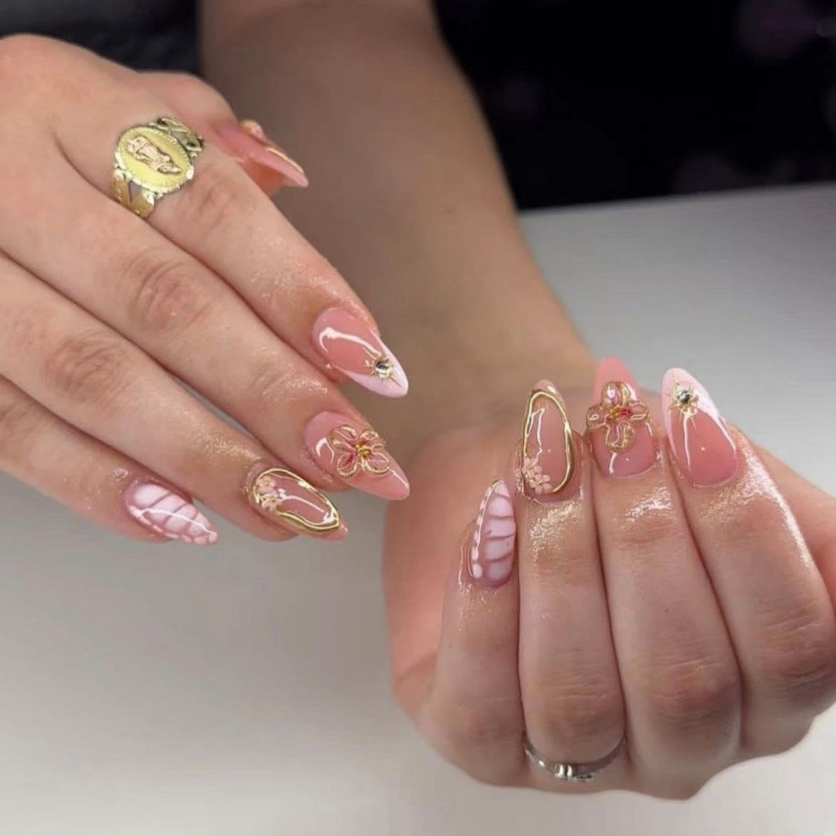 Almond Press on Nails Medium Fake Nails with 5D Metal Lines Charm Design Glossy Pink Nails Press on Curve Glue on Nails Reusable Luxury Silver Beads Acrylic Nail for Women 24Pcs