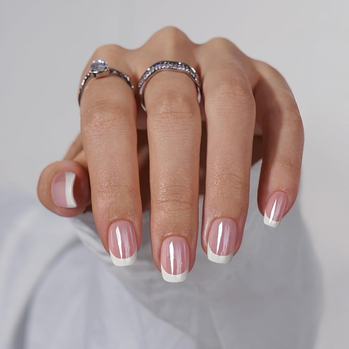 BTArtbox Press On Nails, French Tip Short Square Nails, 32 Pcs Full Kit