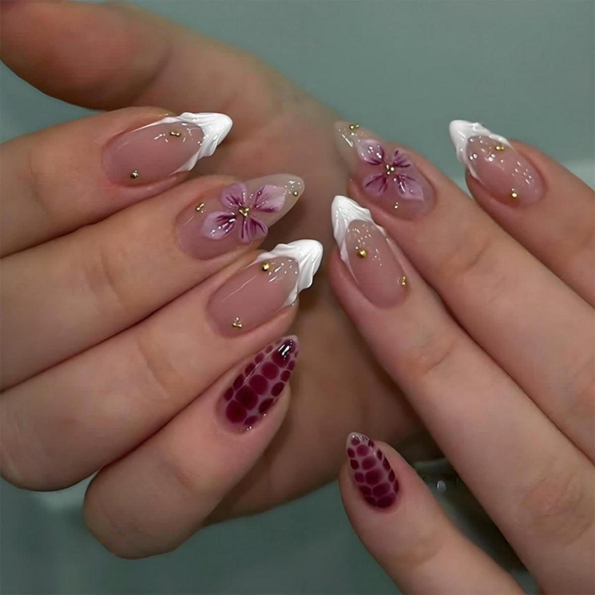 Almond Press on Nails Medium Fake Nails with 5D Metal Lines Charm Design Glossy Pink Nails Press on Curve Glue on Nails Reusable Luxury Silver Beads Acrylic Nail for Women 24Pcs