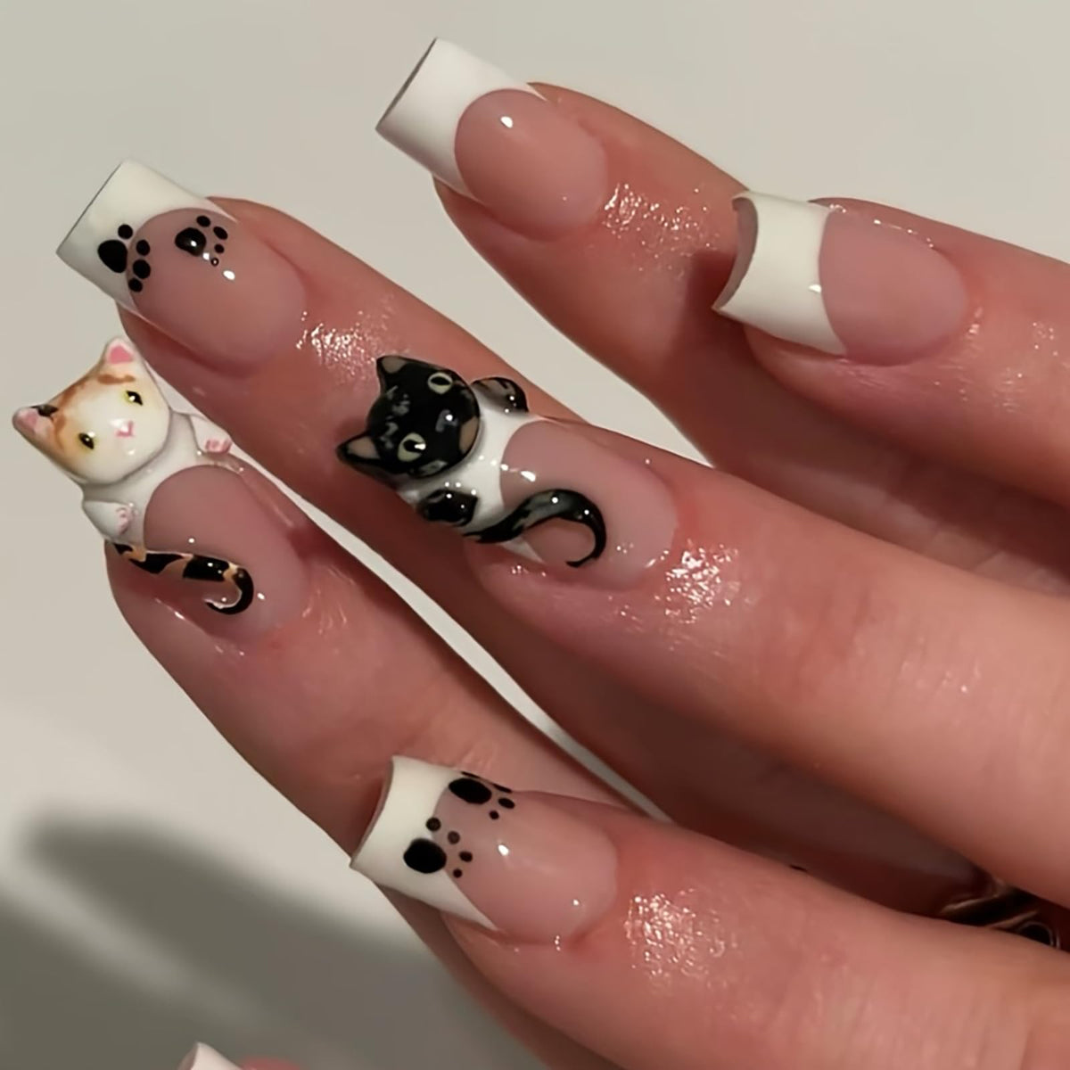 Handmade Press On Nails Short Square Nude 10PCS French Tip Fake Nails with 3D Gold Pearl Charms, Hand Painted Luxury Reusable Stick On Nails for Wedding Bridal Prom(M)