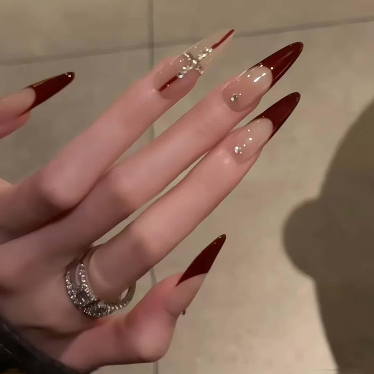 Lace Print Short Almond Press On Nails with 3D Rhinestones 24Pcs