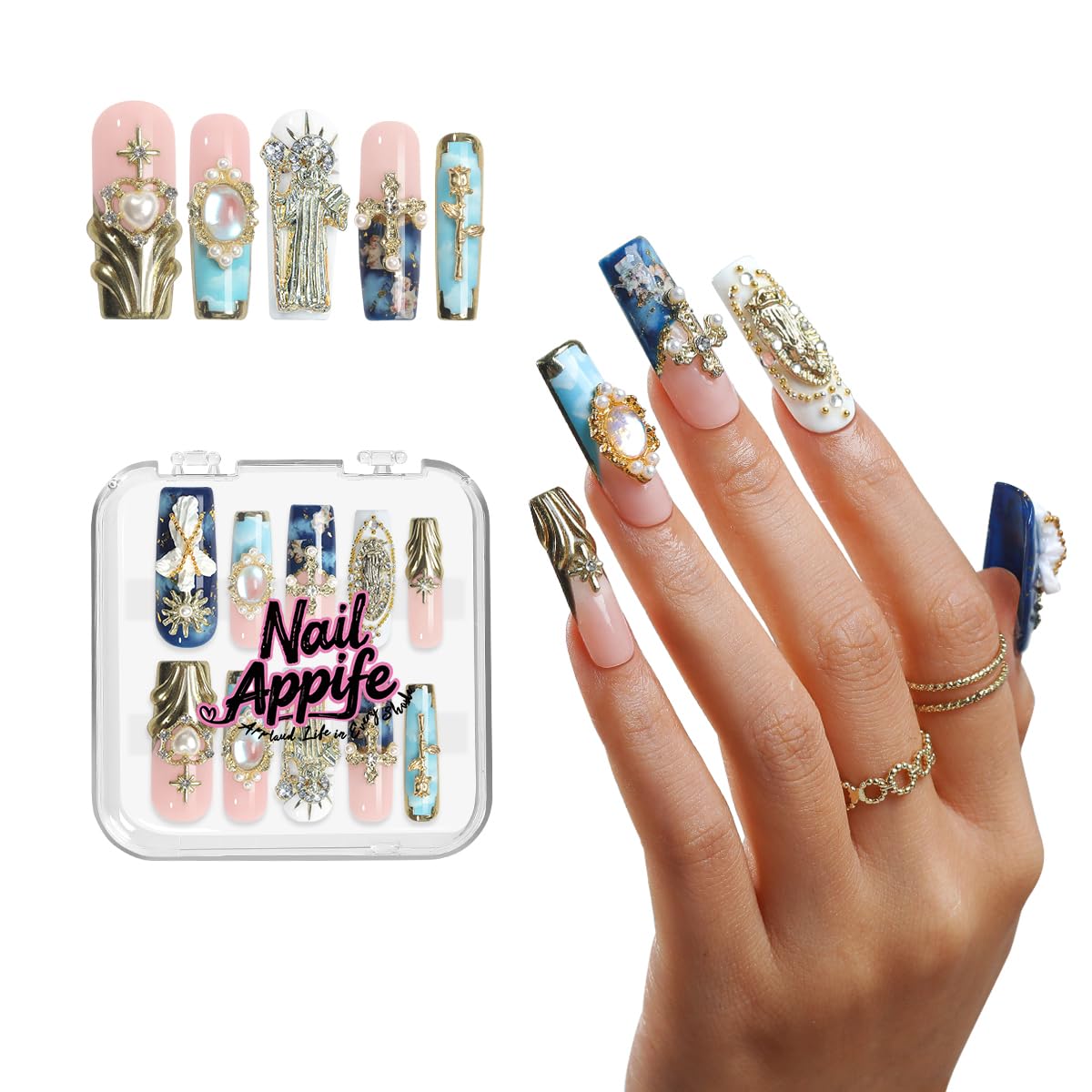 Luxury Baroque Press-On Nails 10pcs, Handmade Long Square Acrylic Nails with Sculpted Gold Relief, Gemstone Heart Charms & Pearl Details, Vintage Green Brown Glossy Design for Statement Style – Appife