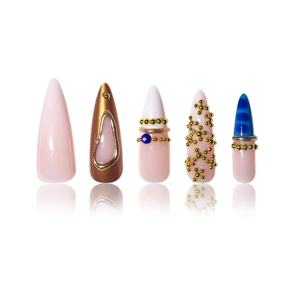 3D Gold Press on Nails Long Stiletto Fake Nails Glossy Nude Blue Full Cover