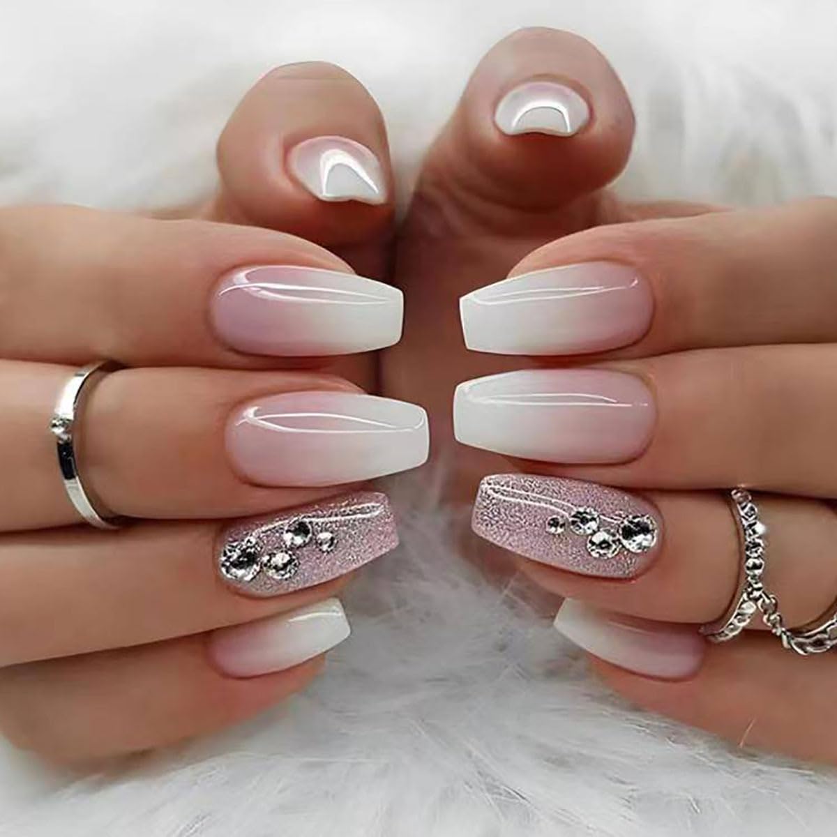 24Pcs Pink to White Ombre Press on Nails – Medium Square Glossy Fake Nails with 3D Crystal Glitter Accents – Reusable Full Set for Wedding