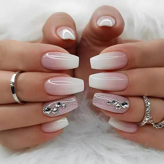 24Pcs Pink to White Ombre Press on Nails – Medium Square Glossy Fake Nails with 3D Crystal Glitter Accents – Reusable Full Set for Wedding