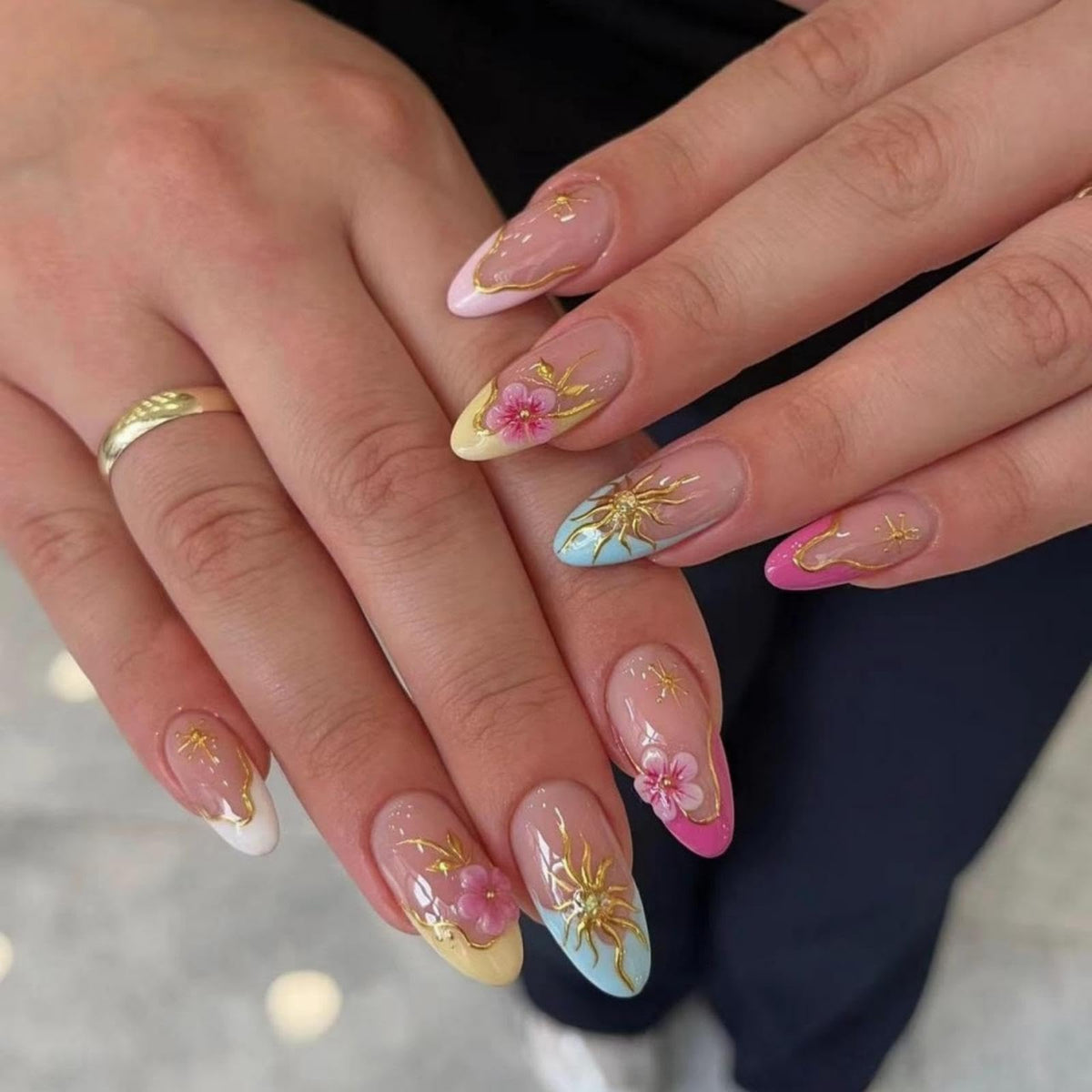 3D Handmade Pink Flower Press on Nails Blue French Tip Almond Fake Nails with Gold Metal Charms Luxury Reusable Full Cover Pink Acrylic Nails Press on for Women 24Pcs