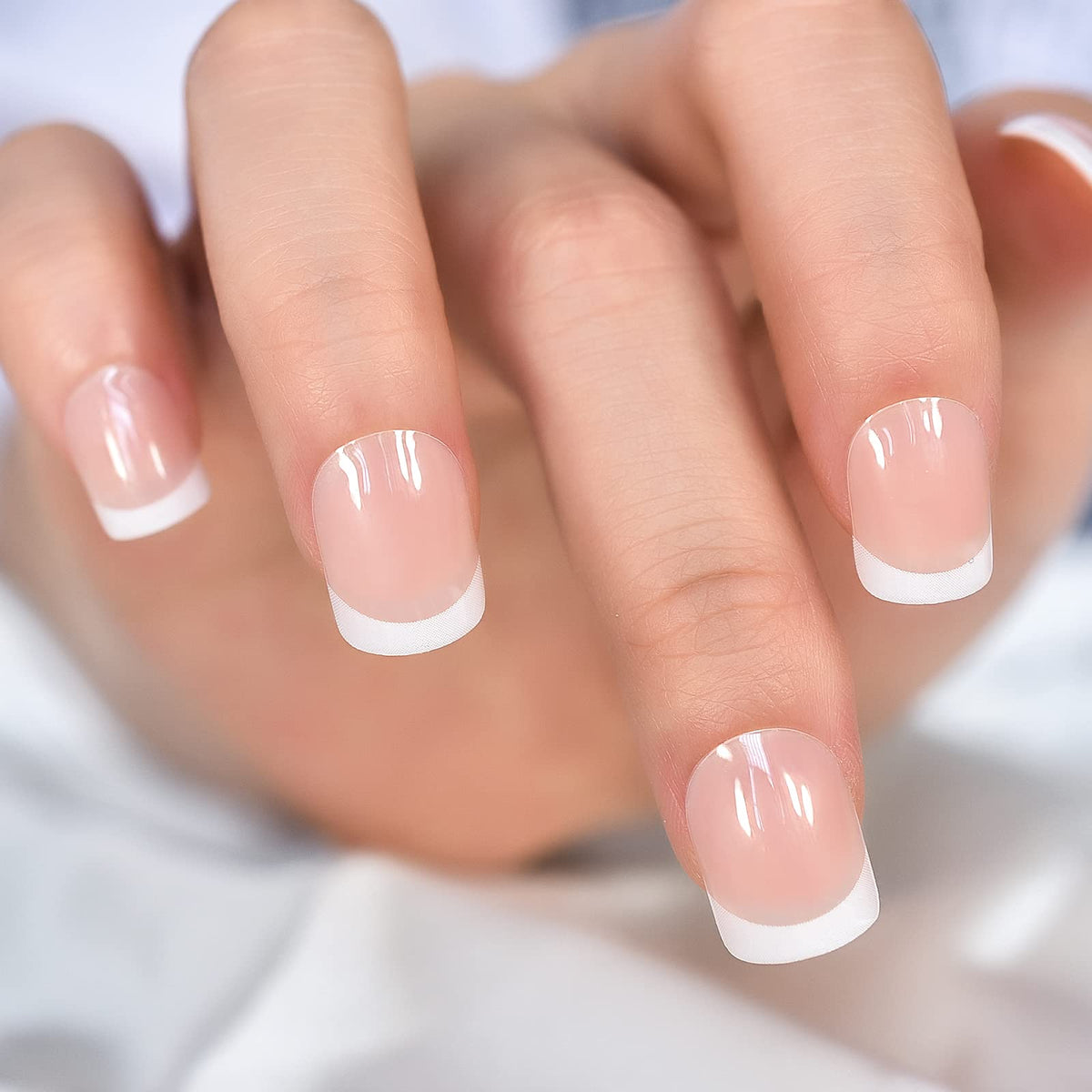 EchiQ Press On Nails Pearl Shine Pink French Nail White Round Fake Nails Short Glossy Satin Artificial Lady Fingernails with Adhesive Tabs