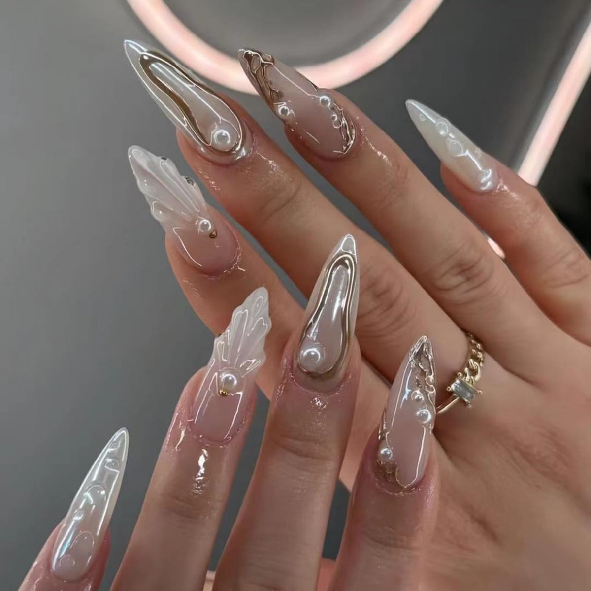 Rhinestone Press on Nails White French Tip Fake Nails with 3D Bow Design Glossy Full Cover Stick on Nail Sparkly Luxury Long Stiletto Nail Press ons for Women, 24Pcs