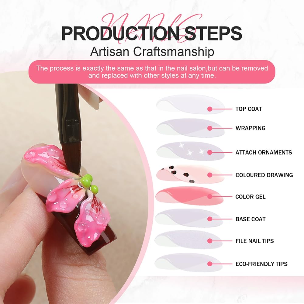 Handmade Press on Nails Medium Square Fake Nails Green Ombre French Tip with 3D Flower Designs luxury Rhinestones Glossy Cute Acrylic Nails for Women 10pcs (Size M）