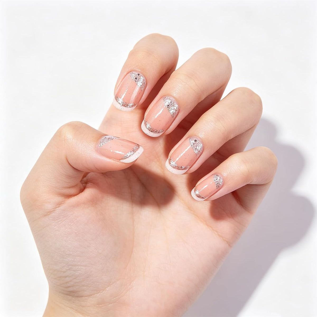Press on Nails with Shimmer Design Glossy White French Tips Short Square False Nails Silver Glitter Fake Nail Nude Minimalist Stick on Fingernails Pink Glue on Nail for Women Bridal Daily Wear