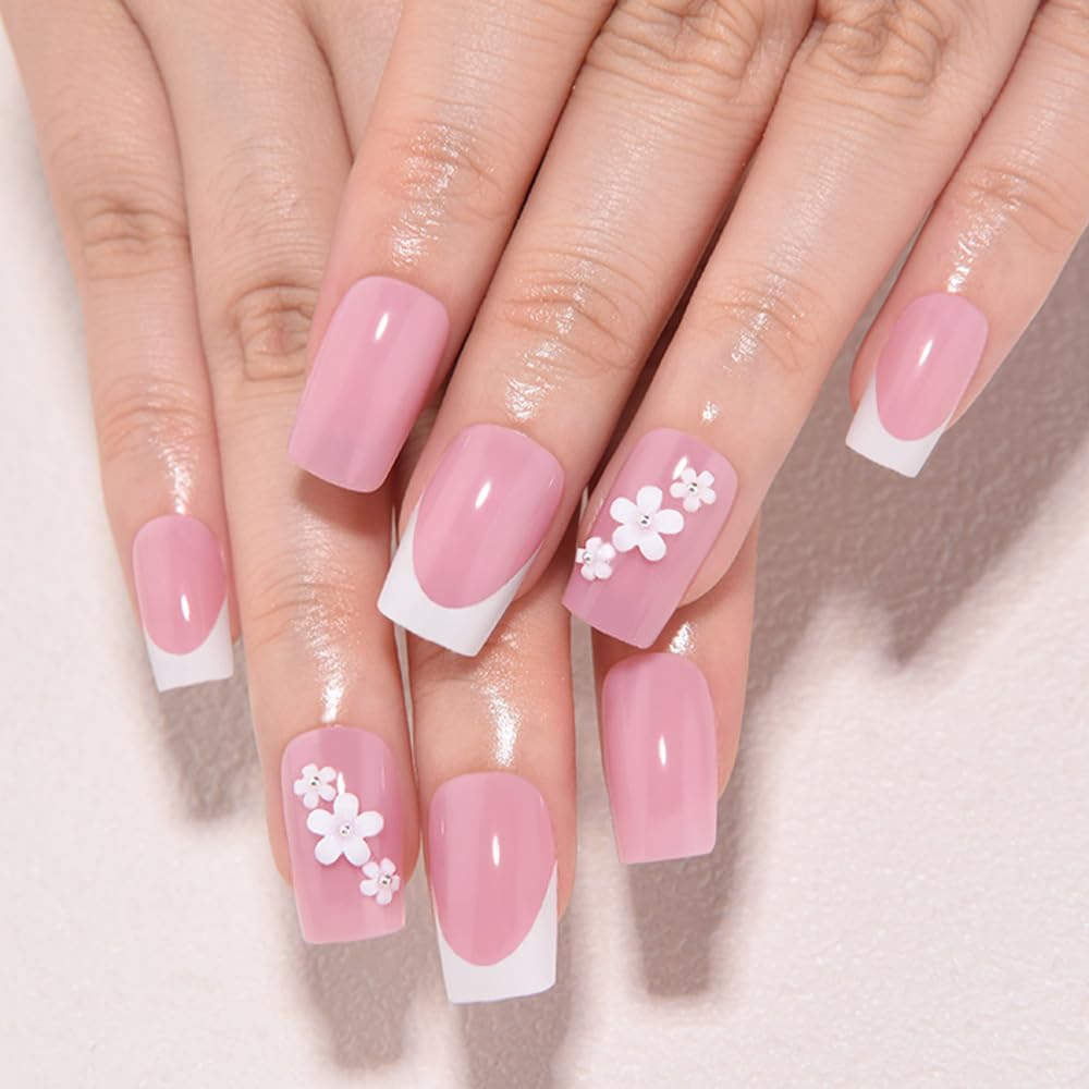 White French Tips Press on Nails, Irregular Gold 3D Lines with Flower & Pearl Design, Reusable Salon Quality Acrylic False Nails for Women, Glue On Nails with Adhesive Tabs for Daily Wear