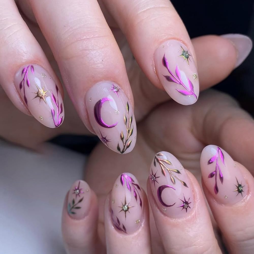 White Flower Press on Nails French Tip Fake Nails Medium Almond False Nails Glossy Artificial Stick on Nails Full Cover Acrylic Nails for Women Manicure 24Pcs