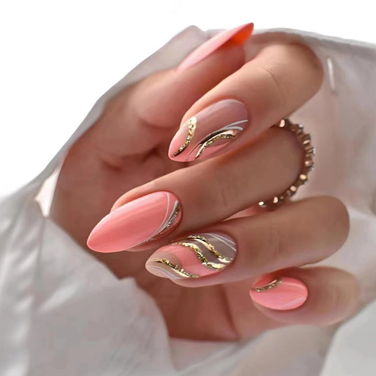 Press On Nails Almond Fake Nails French Tip False Nails Press ons Medium Glue on Nails with Chrome Design for Women Stick on Nail 24Pcs