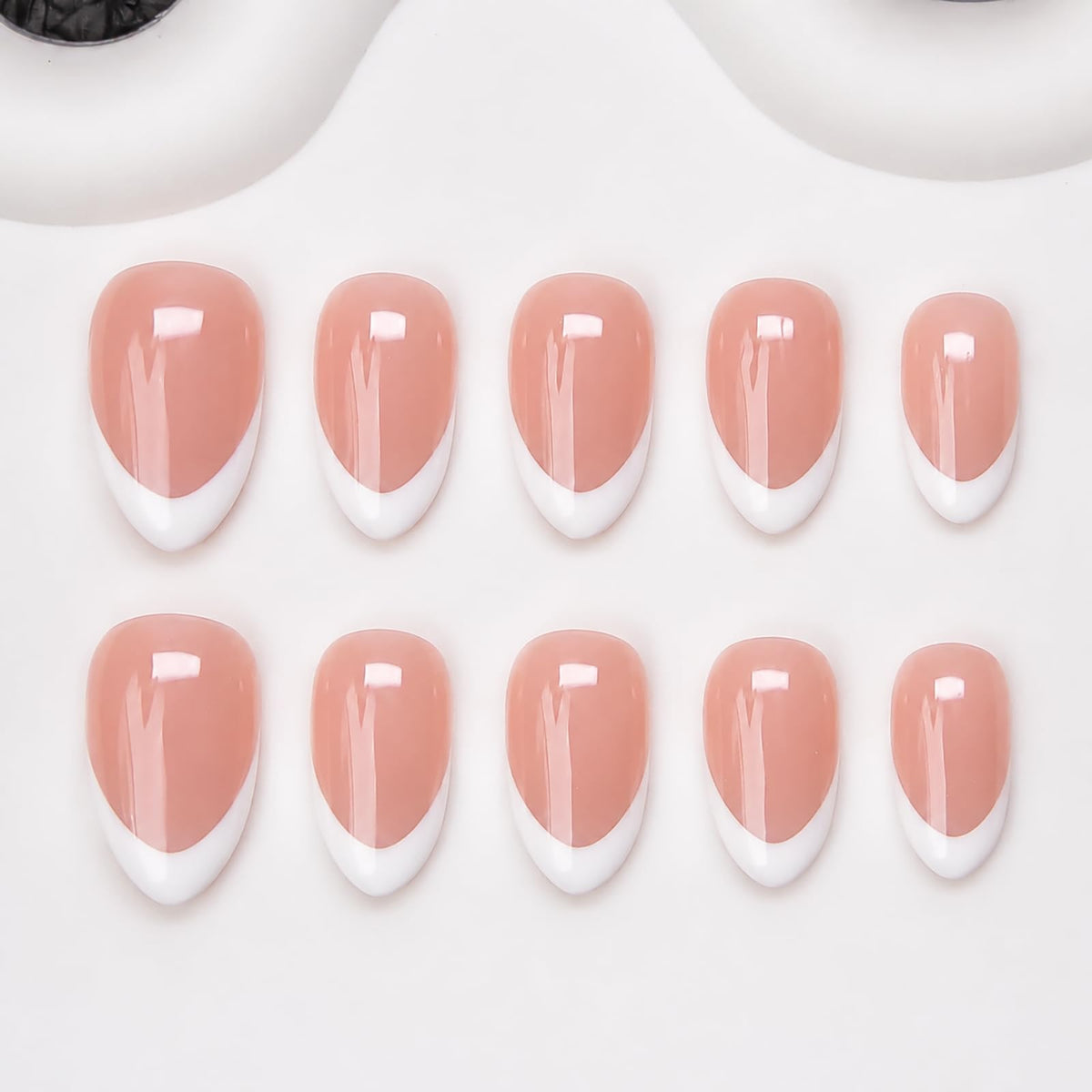 Handmade Almond Press on Nails Medium, Nude White French Tip Fake Nails with 3D White Flower Gold Metal Lines Pearl Decor, Glossy Reusable Full Cover False Nails for Women Wedding Daily(S)