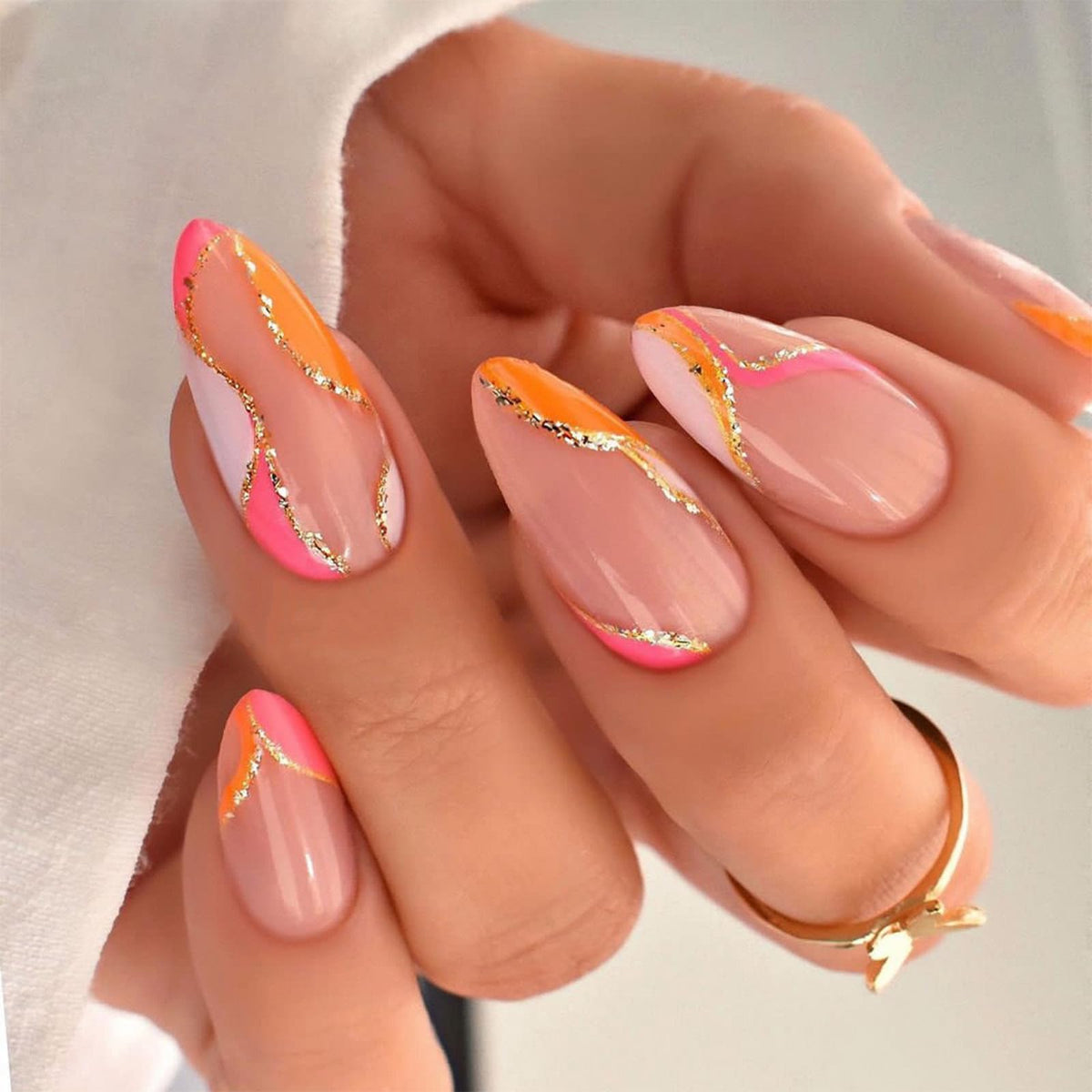 Press On Nails Almond Fake Nails French Tip False Nails Press ons Medium Glue on Nails with Chrome Design for Women Stick on Nail 24Pcs