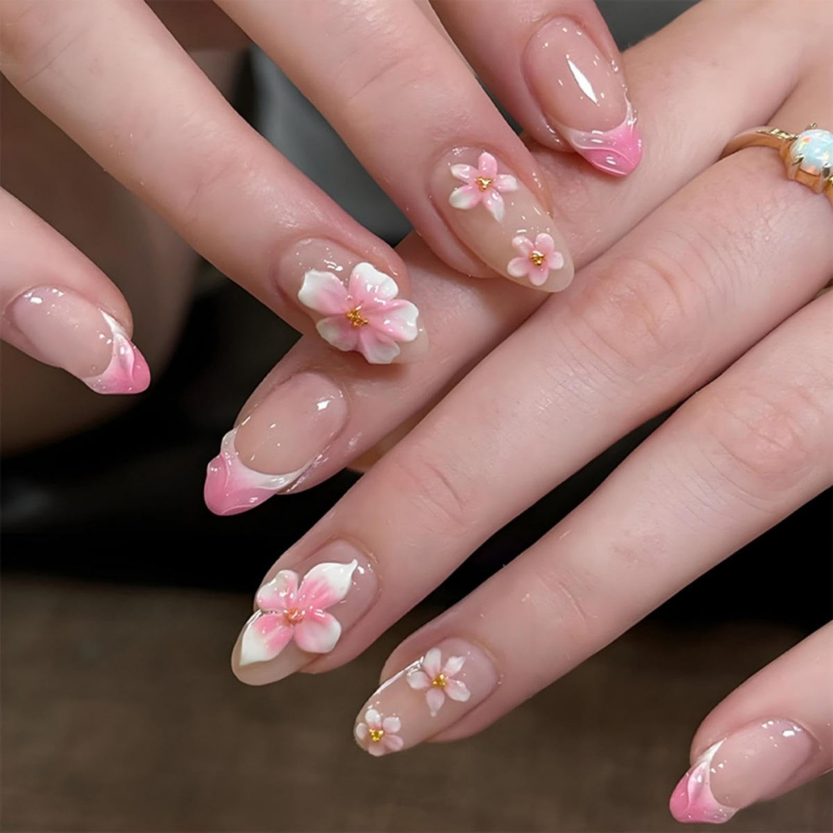 Almond Press on Nails Medium Fake Nails with 5D Metal Lines Charm Design Glossy Pink Nails Press on Curve Glue on Nails Reusable Luxury Silver Beads Acrylic Nail for Women 24Pcs