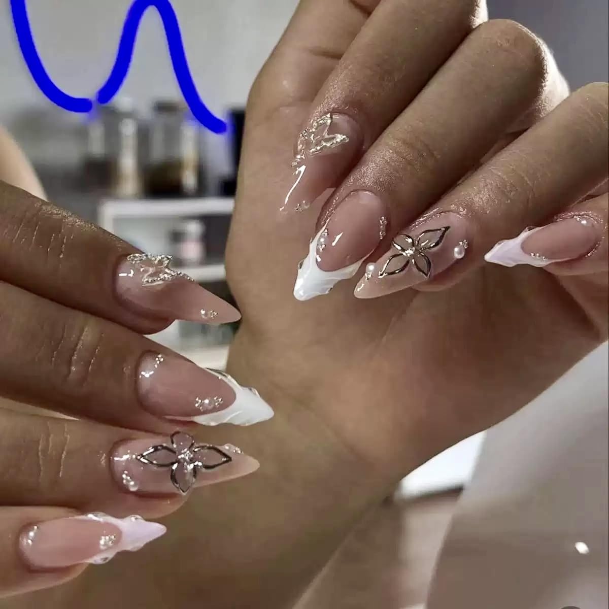 Almond Press on Nails Medium - Fall Fake Nails with Gold Line Design - White Full Cover Stick on False Nails - for Women 24 Pcs