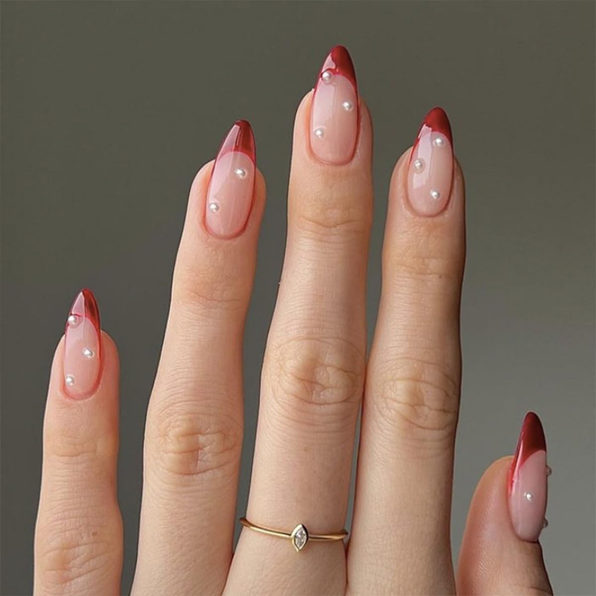 Press On Nails Almond Fake Nails French Tip False Nails Press ons Medium Glue on Nails with Chrome Design for Women Stick on Nail 24Pcs