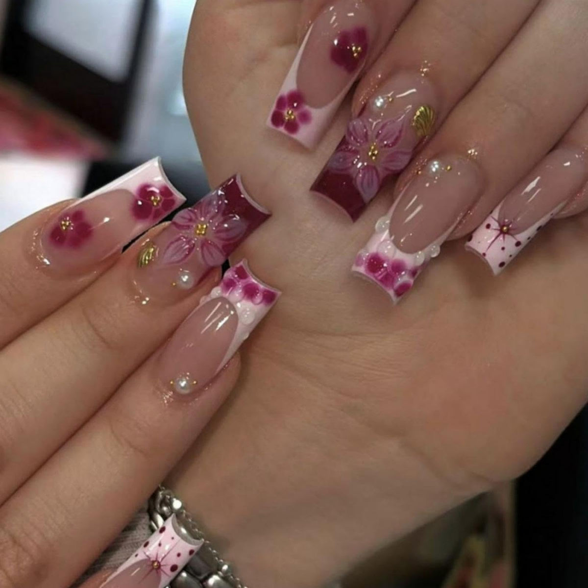 3D Handmade Pink Flower Press on Nails Blue French Tip Almond Fake Nails with Gold Metal Charms Luxury Reusable Full Cover Pink Acrylic Nails Press on for Women 24Pcs